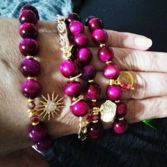 Upscale! Exclusive! Magenta & Hot Pink TigersEye w. Gold Om Aum Bracelet 6-6.5" - Picture 10 of 10